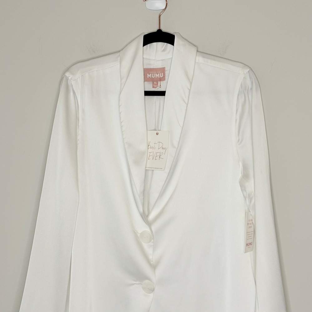 MUMU Weddings Felix Blazer White Satin Shawl Collar Single Button Size XL NWT - Picture 9 of 16